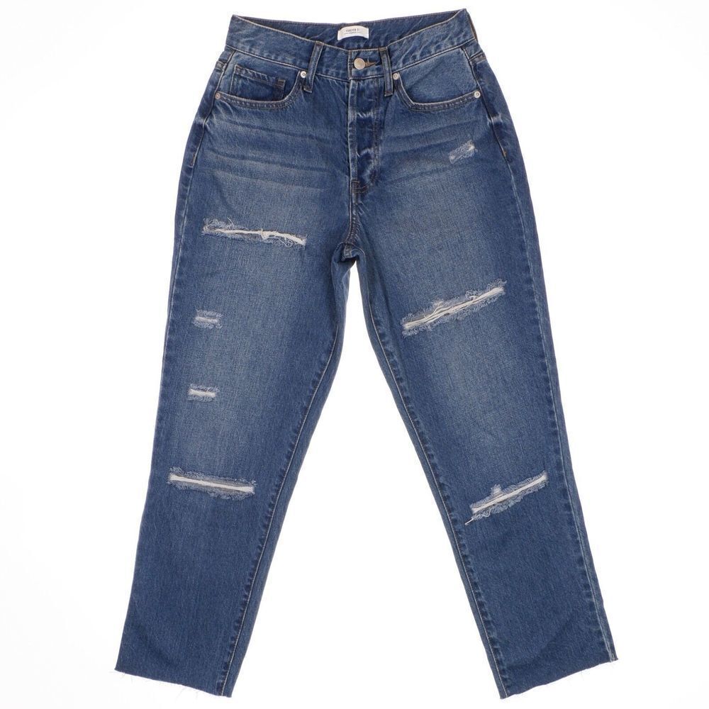 Forever21 Mom Button Fly Jeans Womens Size 27 Distressed Raw Hem Cotton 27x26.5